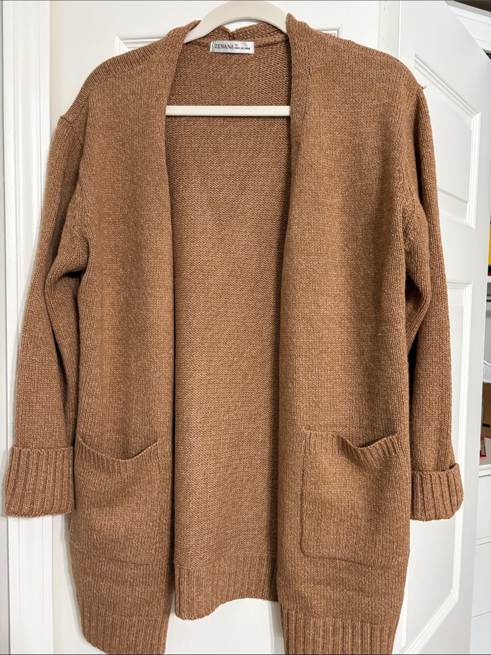 Zenana Outfitters Open-Front Pocket Cardigan Sweater - Brown